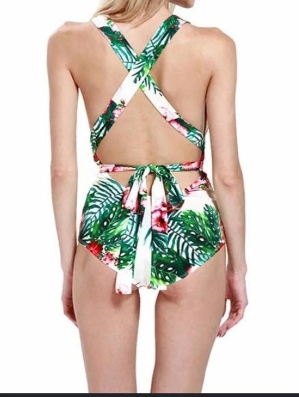 Floral Womens Swimwear Size L Halter Neck Monokini Tropical White Green Cut Out